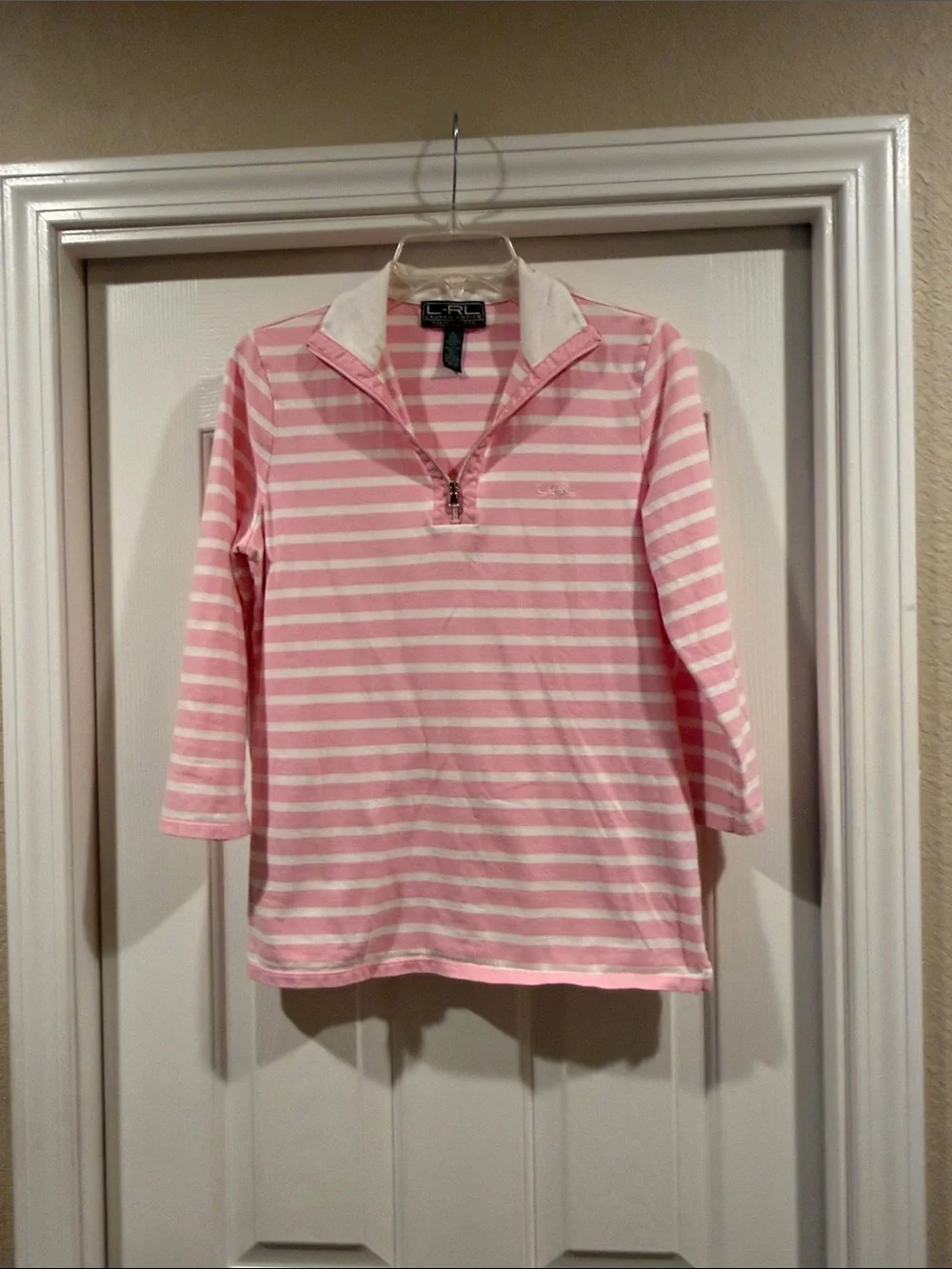 Ralph Lauren Pink Striped  3/4 Sleeve Polo Top like new size M - Picture 2 of 5